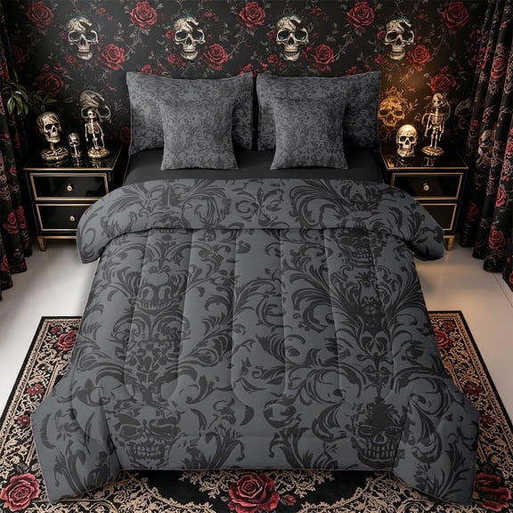 Manfei Gothic Skull 7-Piece Twin Bedding, Happy Halloween Damask Floral Bedding Comforter Set, Charcoal Gray Black,Black Reversible