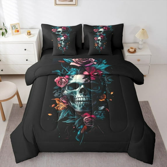 Manfei Gothic Skull 7-Piece Twin Bedding Sets,Colorful Flower Floral Bedding Comforter Set,Happy Halloween Sheet Sets For Boys Girl,Microfiber Bedroom Decor Reversible