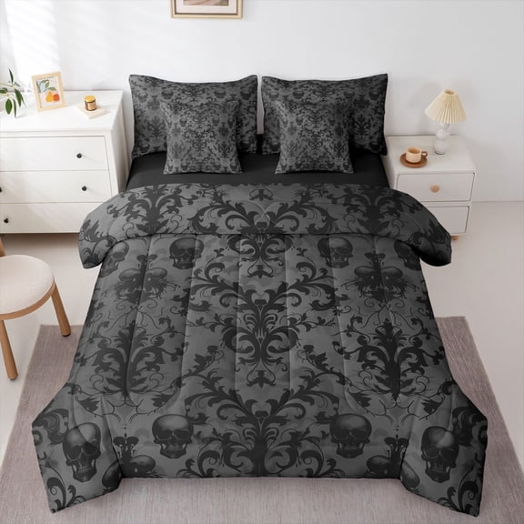 Manfei Gothic Skull 7-Piece Twin Bedding Sets for Teens Female Men,Gradient Black Bedding Comforter Set,Boho Damask Breathable Sheet Sets,Ultra Soft Home Decor,Reversible