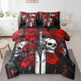 thumbnail image 1 of Manfei Gothic Skull 7pcs Bedding Comforter Set,Romantic Flower Rose Queen Bedding Sets,Girl Red Floral Queen Sheet Sets For Boys,Microfiber Bedroom Decor Reversible, 1 of 8