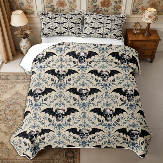 Manfei Gothic Skull Bats Quilt Full 3-Piece,Boho Damask Full Bedspread Sets,1 Coverlet and 2 Pillowcases