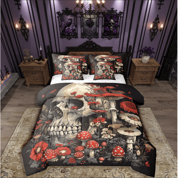 Manfei Gothic Skull Bed in a Bag Full size,Happy Halloween Bed Set,Floral Mushroom Bedding Full Size,Breathable Teenagers Bedroom Decor,Reversible,7 Pieces