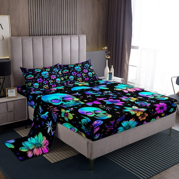 Manfei Gothic Skull Bed Sheets King,Gradient Ombre King Sheet Sets,Exotic Flower Bedding Sets King Size,Microfiber Halloween Bedroom Decoration,4pcs