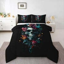 Manfei Gothic Skull Bedding Comforter Set,Colorful Flower Floral Twin Comforter Sets,Happy Halloween Bedding Set For Boys Girl,Microfiber Bedroom Decor Reversible,2pcs