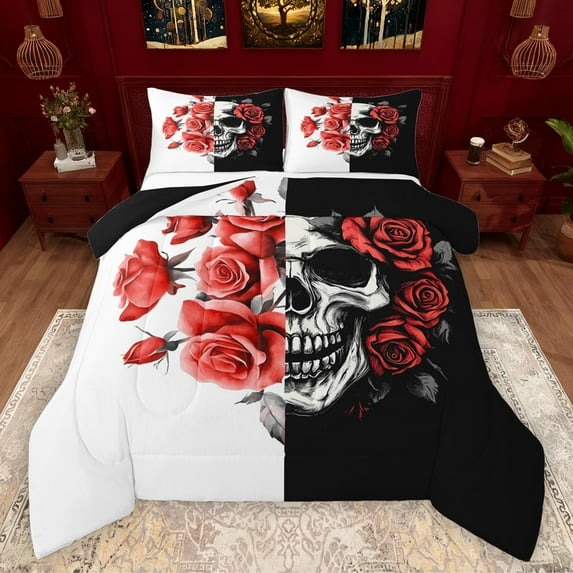 Manfei Gothic Skull Bedding Comforter Set,Romantic Rose Flowers Twin Comforter Sets,Red White Black Bedding Set For Girls Boys,Ultra Soft Home Decor Reversible,2pcs