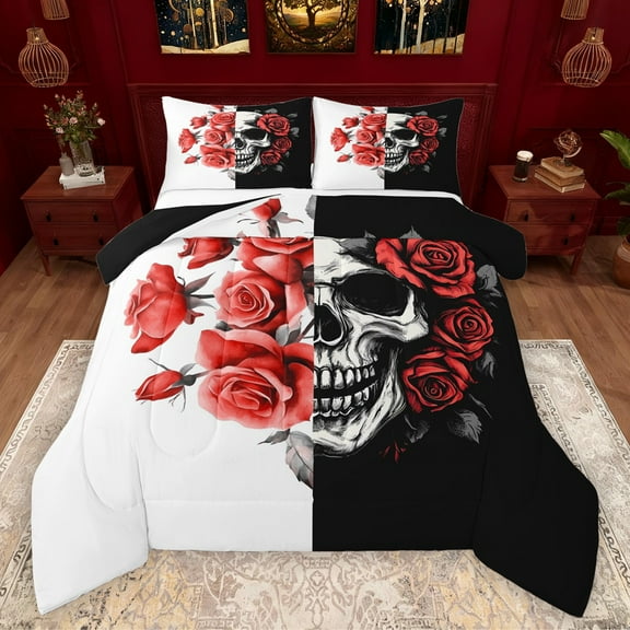 Manfei Gothic Skull Bedding Comforter Set,Romantic Rose Flowers Twin Comforter Sets,Red White Black Bedding Set For Girls Boys,Ultra Soft Home Decor Reversible,2pcs