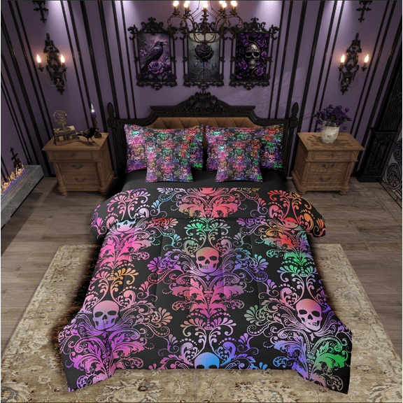 Manfei Gothic Skull Bedding Queen Size,Boho Damask Comforter Sets with Sheets,Happy Halloween Bedding Sets Queen Size,Super Cozy Gradient Room Decoration,Reversible,7pcs