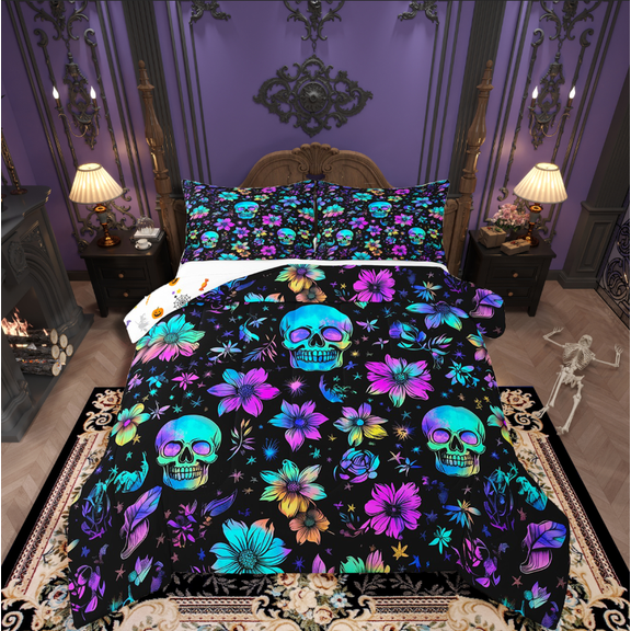 Manfei Gothic Skull Bedding Twin Comforter Set,Gradient Ombre Down Comforter,Exotic Flower Bedding Sets Twin with Comforter,Microfiber Halloween Bedroom Decoration,Reversible,2-Piece