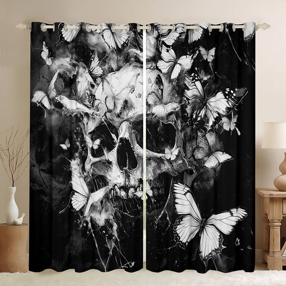 Manfei Gothic Skull Black Out Curtains,Halloween Skeleton Curtains Pack of 2 (42x63 Each),Gray Butterflies Butterfly Bedroom Curtains For Princess,Super Cozy Room Decor