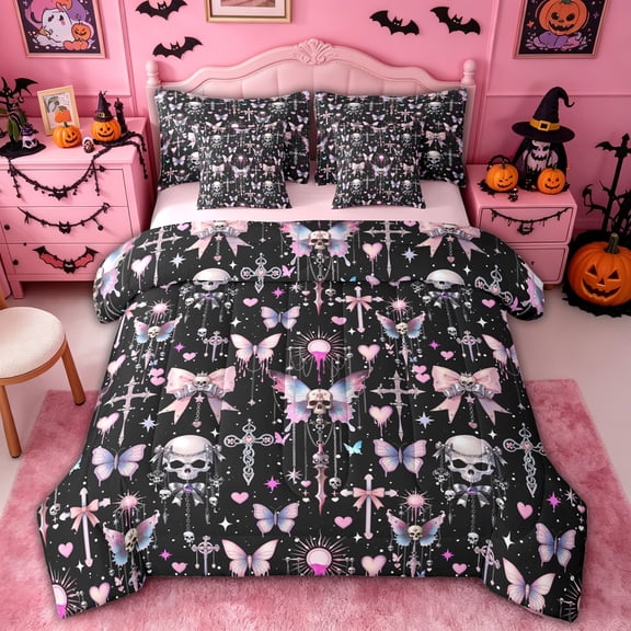 Manfei Gothic Skull Butterfly Skull Twin Bedding for Kids, Pink Black Cross Chain Bedding Comforter Set, Pink Reversible, 7pcs