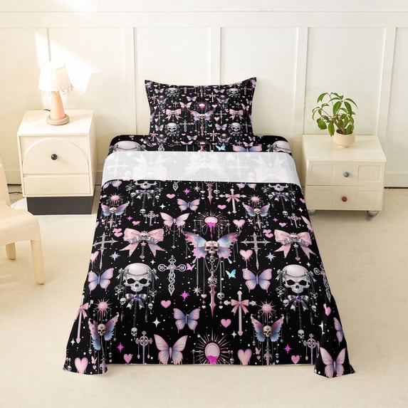 Manfei Gothic Skull Butterfly Skull Twin Sheets for Kids, Pink Black Cross Chain Bedding, 3pcs, 1 Flat Sheet, 1 Fitted Sheet and 1 Pillowcase