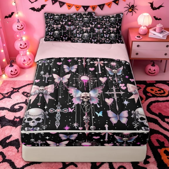 Manfei Gothic Skull Butterfly Skull Zipper Twin Comforter Sets with Fitted Sheet and 2 Pillowcases for Kids, Pink Black Cross Chain Zipper Bedding Set, Pink Reversible, 4pcs