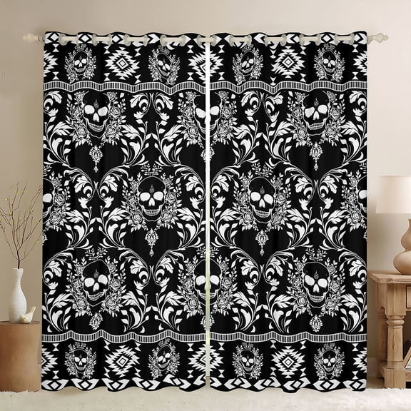 Manfei Gothic Skull Damask Blackout Curtains, Aztec Tribal Curtains Pack of 2 (42x84 Each), Black White