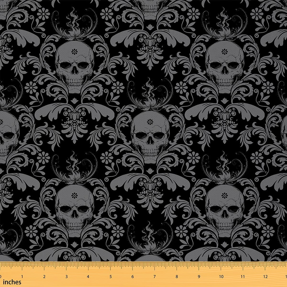 Manfei Gothic Skull Fabric by the Yard (1 Yard), Happy Halloween Theme Decorative Fabric by the Yard, Black Gray DIY Fabric