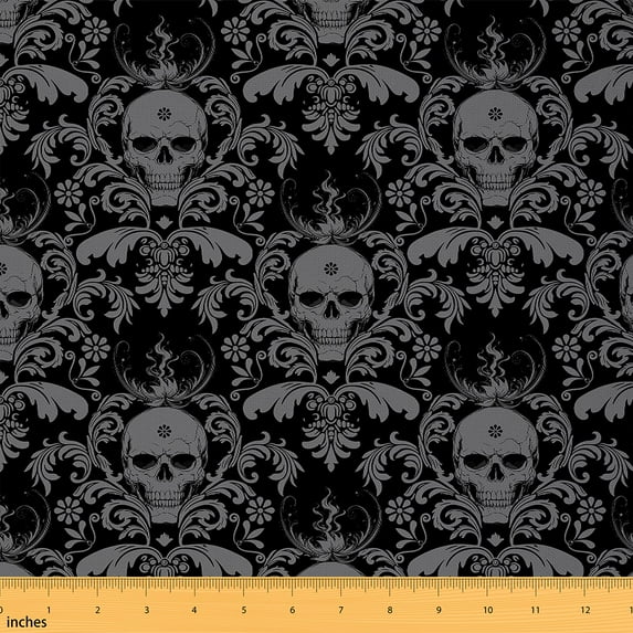 Manfei Gothic Skull Fabric by the Yard (10 Yards), Happy Halloween Theme Decorative Fabric by the Yard, Black Gray DIY Fabric