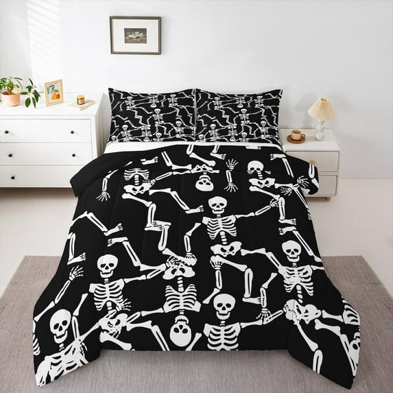 Manfei Gothic Skull Full Size Comforter Sets,Funny Halloween Skeleton Bedding Comforter Set,White Black Bedding Sets For Boys,Microfiber Bedroom Decor Reversible,3pcs