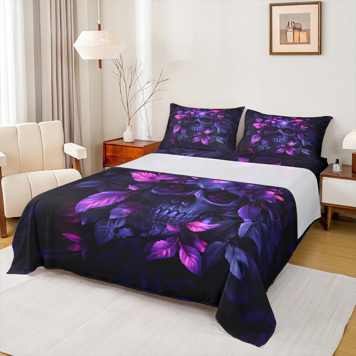 Manfei Gothic Skull Full Size Sheets,Spooky Halloween Bed Sheets,Romantic Purple Flower Sheet Sets For Girl Boys,Luxury Bedroom Decor,4pcs