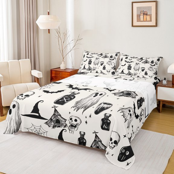 Manfei Gothic Skull Ghost Queen Sheet Sets,Black Bats Flat Sheet,Spooky Halloween Queen Fitted Sheet For Boy Girl,Ultra Soft Home Decor,4-Piece