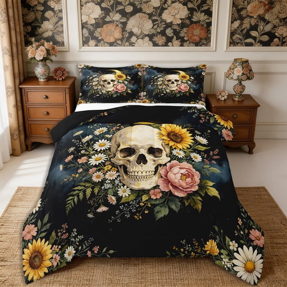 Manfei Gothic Skull King Size Comforter Sets 3pcs,Rustic Flowers Comforters King Size,1 Comforter and 2 Pillowcases,Reversible