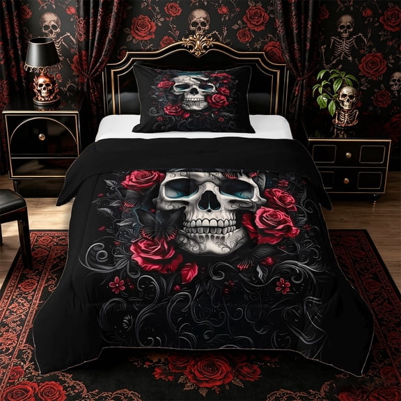 Manfei Gothic Skull Rose Twin Comforter Sets 2pcs, Halloween Dark Butterfly Filigree Vine Bedding Set, Black Red White,Black Reversible,1 Comforter and 1 Pillowcase