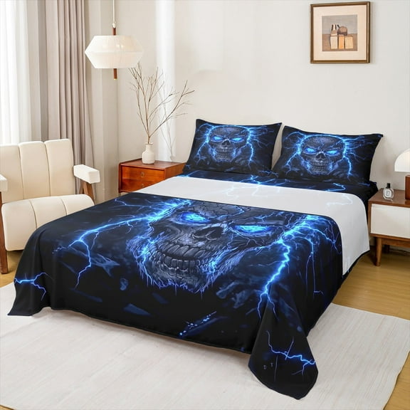 Manfei Gothic Skull Skeleton Bed Sheets, Neon Blue Lightning King Sheets, Happy Halloween Theme Sheet Set, Breathable Home Decor 4-Piece