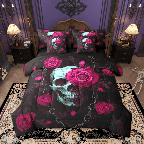 Manfei Gothic Skull Skeleton Bedding Comforter Set 7-Piece, Pink Floral King Bedding Sets, Halloween Bed Sheets, Lightweight Room Decor