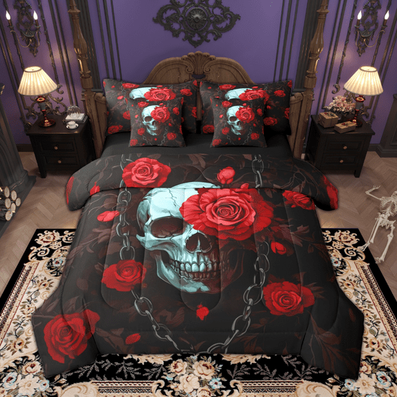 Manfei Gothic Skull Skeleton Bedding Comforter Set 7pcs, Red Floral Full Bedding Set, Halloween Fitted Sheet Flat Sheet, Breathable Home Decor