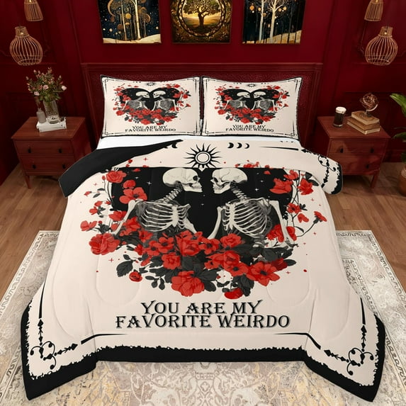 Manfei Gothic Skull Skeleton Bedding Comforter Set,Romantic Valentine Day Twin Comforter Sets,Red Flower Floral Bedding Set For Girl Boys,Super Cozy Room Decor Reversible,2-Piece