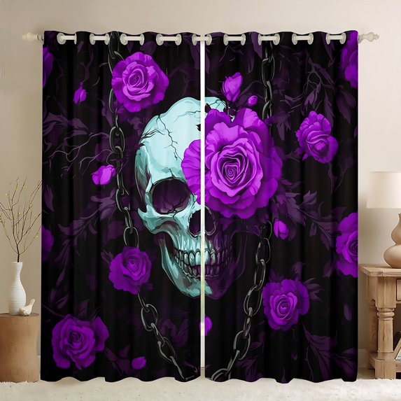 Manfei Gothic Skull Skeleton Curtains Pack of 2 (42x84 Each), Purple Floral Curtains Blackout, Halloween Living Room Curtains, Luxury Bedroom Decor