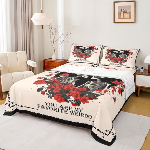 Manfei Gothic Skull Skeleton Queen Sheet Sets,Romantic Valentine Day Flat Sheet,Red Flower Floral Queen Fitted Sheet For Girl Boys,Super Cozy Room Decor,4pcs