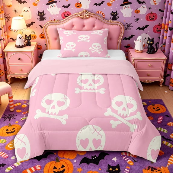 Manfei Gothic Skull Twin Comforter Sets 2pcs, Happy Halloween Bedding Set, Pink White Cream,Pink Reversible,1 Comforter and 1 Pillowcase