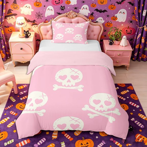 Manfei Gothic Skull Twin Duvet Cover, Happy Halloween Twin Bedding, Pink White Cream,Pink Reversible,1 Duvet Cover and 1 Pillowcase,2pcs,No Comforter