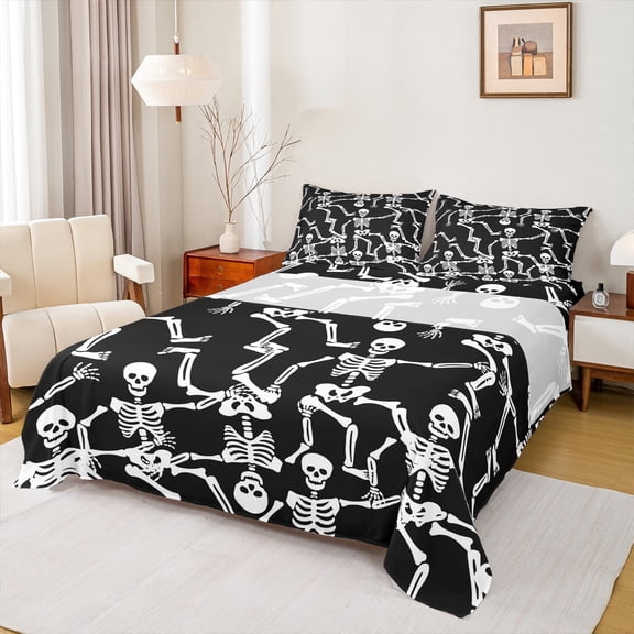 Manfei Gothic Skull Twin Sheet Sets,Funny Halloween Skeleton Twin Fitted Sheet,White Black Flat Sheet For Boys,Microfiber Bedroom Decor,3 Pieces