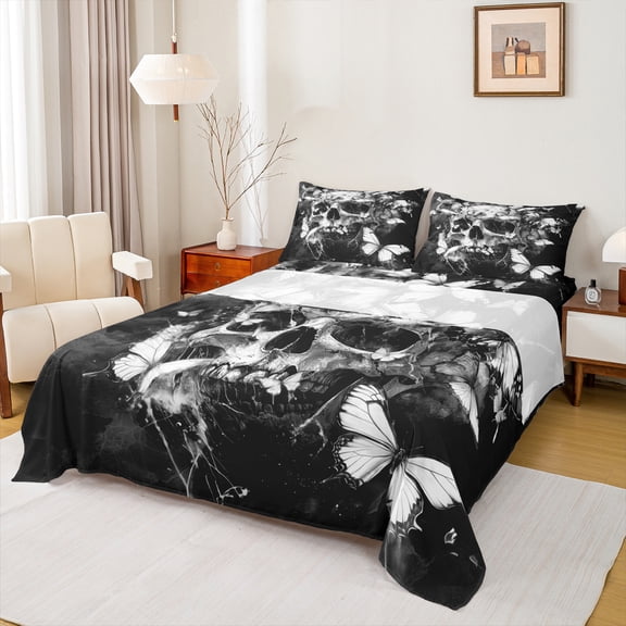 Manfei Gothic Skull Twin Sheet Sets,Halloween Skeleton Twin Fitted Sheet,Gray Butterflies Butterfly Flat Sheet For Princess,Super Cozy Room Decor,3-Piece