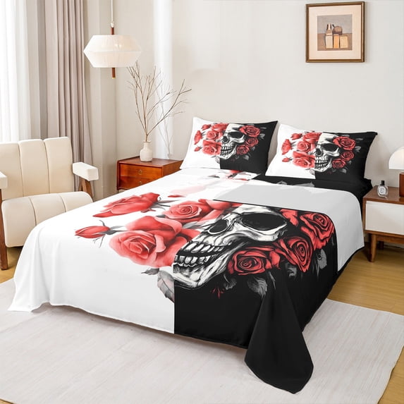 Manfei Gothic Skull Twin Sheet Sets,Romantic Rose Flowers Twin Fitted Sheet,Red White Black Flat Sheet For Girls Boys,Ultra Soft Home Decor,3pcs