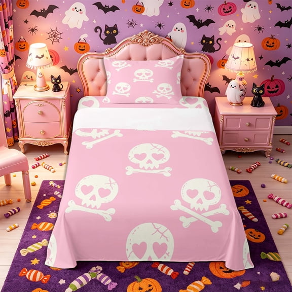 Manfei Gothic Skull Twin Sheets 3pcs, Happy Halloween Bedding, Pink White Cream,1 Fitted Sheet, 1 Flat Sheet and 1 Pillowcase