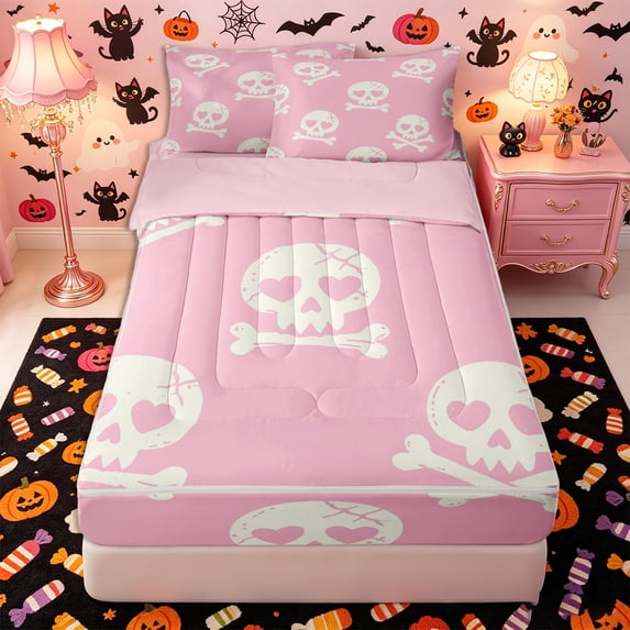 Manfei Gothic Skull Zipper Twin Comforter Sets with Fitted Sheet and 2 Pillowcases, Happy Halloween Zipper Bedding Set, Pink White Cream,Pink Reversible,4-Piece