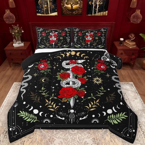 Manfei Gothic Snake Full Size Comforter Sets,Romantic Red Rose Bedding Comforter Set,Boho bohemian Style Bedding Sets For Girls Kids,Ultra Soft Home Decor Reversible,3-Piece