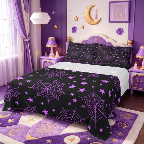 Manfei Gothic Spider Web Print Bed Sheets,Moon Halloween Full Size Sheets,4-Piece,1 Flat Sheet,1 Fitted Sheet and 2 Pillowcases