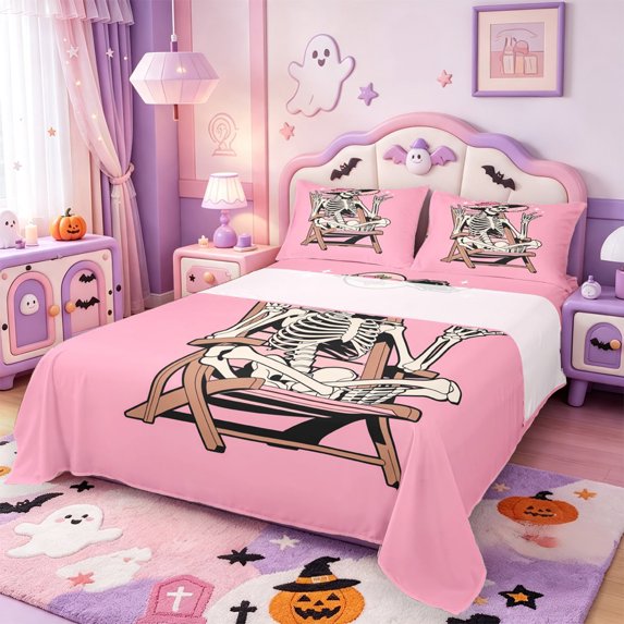 Manfei Gothic Spider Web Print Halloween King Sheets,Cute Cartoon Bat Bedding,4 Pieces,1 Flat Sheet,1 Fitted Sheet and 2 Pillowcases