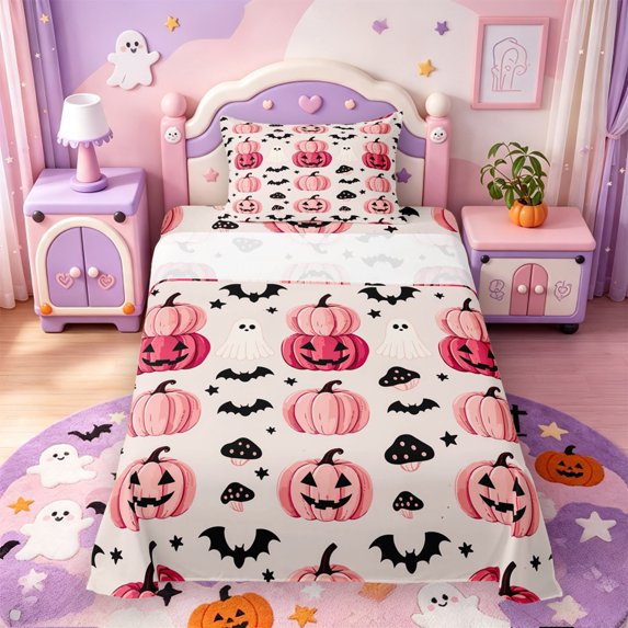Manfei Gothic Spider Web Print Twin Sheets,Bat And Skull Halloween Bedding,3-Piece,1 Flat Sheet,1 Fitted Sheet and 1 Pillowcase