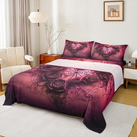 Manfei Gothic Style Floral Bed Sheets,Horror Halloween Spider Webs King Sheets,Red Flower Sheet Set For Teens,Luxury Bedroom Decor,4-Piece