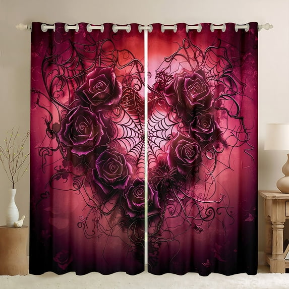 Manfei Gothic Style Floral Blackout Curtains Set of 2 (38x54 Each),Horror Halloween Spider Webs Curtains and Drapes,Red Flower Living Room Curtains For Teens,Luxury Bedroom Decor