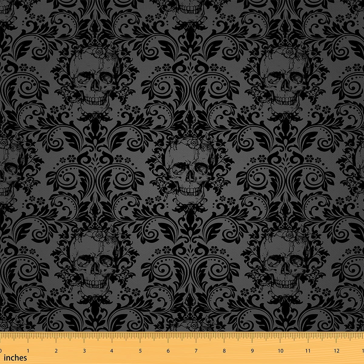 Manfei Gothic Sugar Skull Sewing & Crafting Fabric (2 Yards), Baroque Damask Floral Home Decor Fabric by the Yard, Black and Grey DIY Fabric