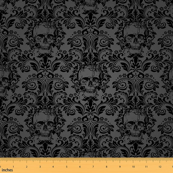Manfei Gothic Sugar Skull Sewing & Crafting Fabric (5 Yards), Baroque Damask Floral Home Decor Fabric by the Yard, Black and Grey DIY Fabric
