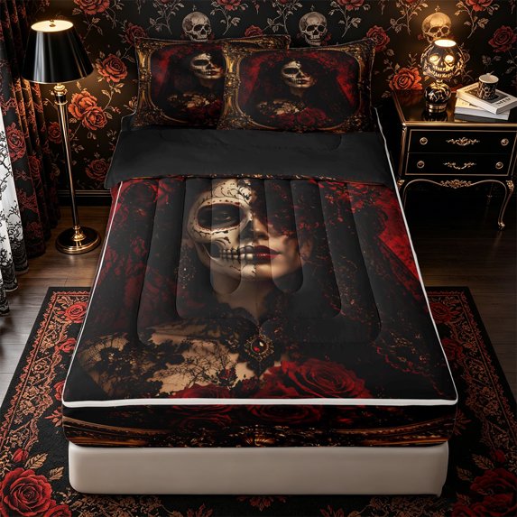 Manfei Gothic Sugar Skull Zipper Full Size Comforter Sets with Fitted Sheet and 2 Pillowcases, Halloween Romantic Floral Rose Zipper Bedding Set, Gold Red Black,Black Reversible,4-Piece