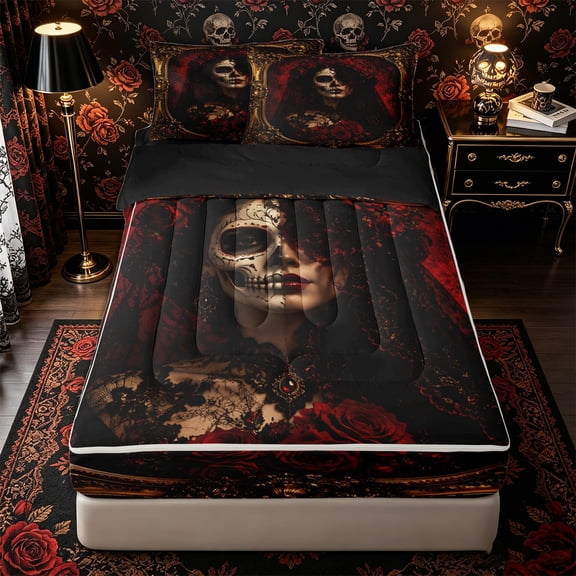 Manfei Gothic Sugar Skull Zipper Queen Comforter Set with Fitted Sheet and 2 Pillowcases, Halloween Romantic Floral Rose Zipper Bedding Set, Gold Red Black,Black Reversible,4pcs