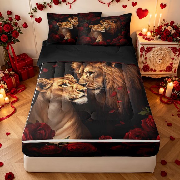 Manfei Gothic Valentine Lion Zipper Twin Comforter Sets with Fitted Sheet and 2 Pillowcases, Rose Wildlife Zipper Bedding Set, Dark Brown, Black Reversible, 4-Piece