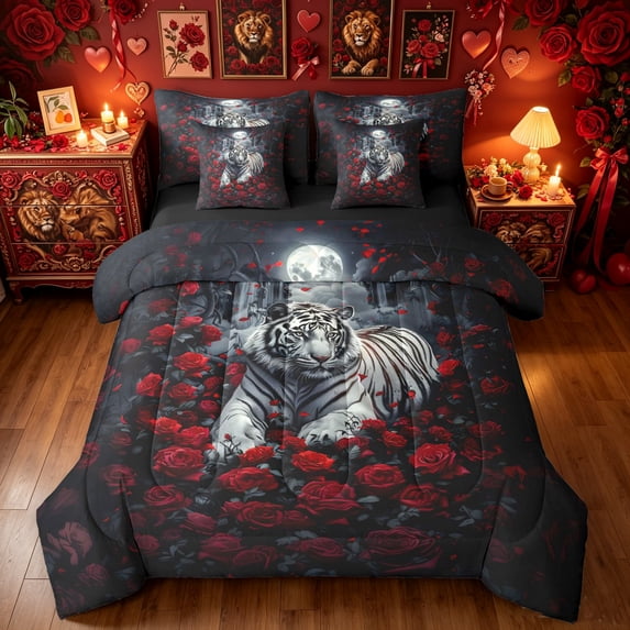 Manfei Gothic Valentine Tiger Queen Bedding, Mystic Rose Waterfall Bedding Comforter Set Queen, Burgundy Gray, Black Reversible, 7-Piece
