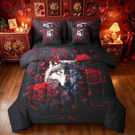 Manfei Gothic Valentine Wolf Full Size Bedding Sets, Rose Floral Animal Full Size Bed in a Bag, Black Burgundy, Black Reversible, 7 Pieces